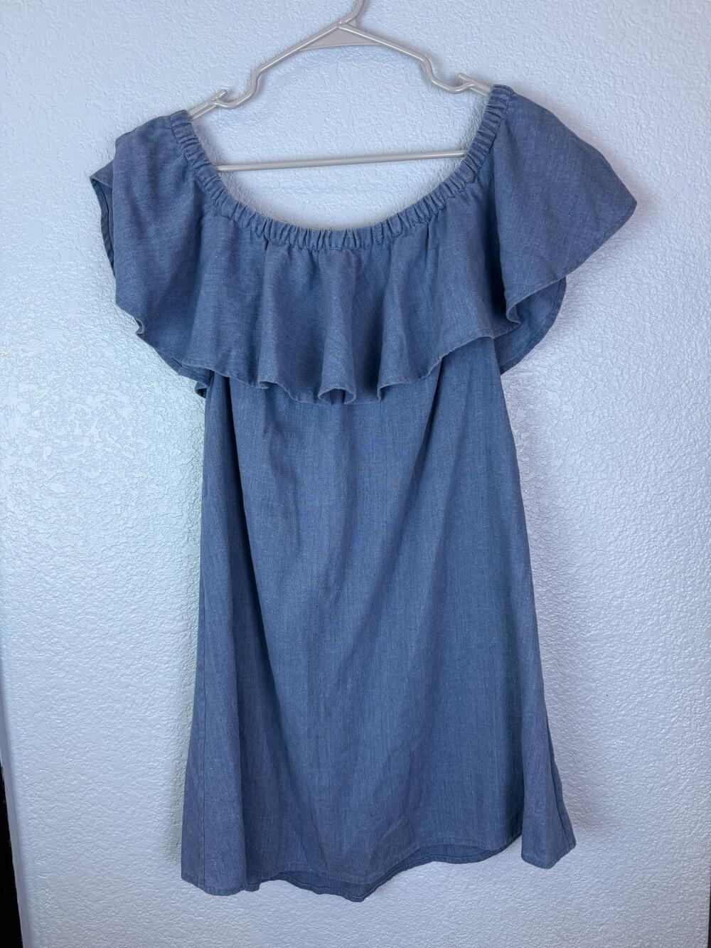 Madewell Dress Womens Medium Blue Chambray Off Shoulder Ruffle Linen Blend F0653